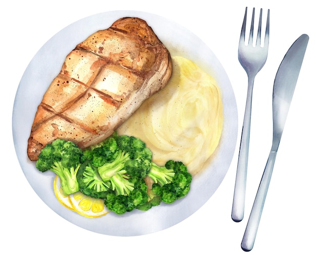 Pecho de pollo a la parrilla con puré de patatas y brócoli Ilustración en acuarela