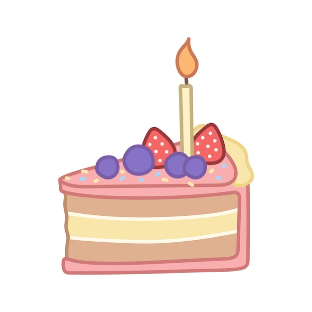 Pedazo de pastel con crema rosa fresas y velas ilustración vectorial