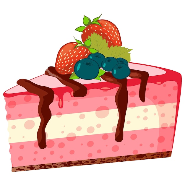 Un pedazo de pastel con fresas y arándanos en un diseño imprimible superior