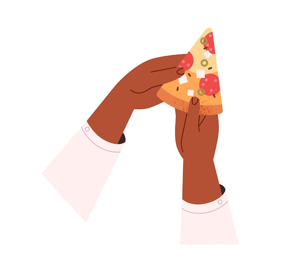 Pedazo de pizza triangular con salchicha de salami. manos afroamericanas tomando, sosteniendo bocadillos italianos cortados, rebanadas de comida con pepperoni y queso. ilustración de vector plano aislado sobre fondo blanco.