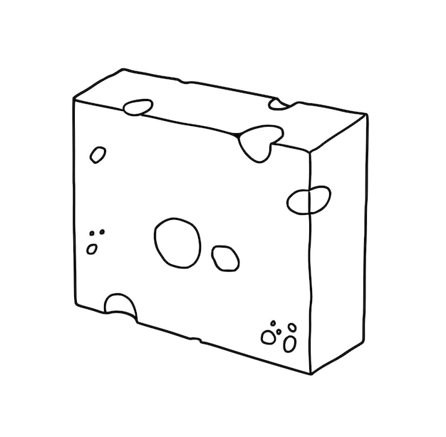 Pedazo de queso con agujeros productos lácteos comida doodle dibujos animados lineales para colorear