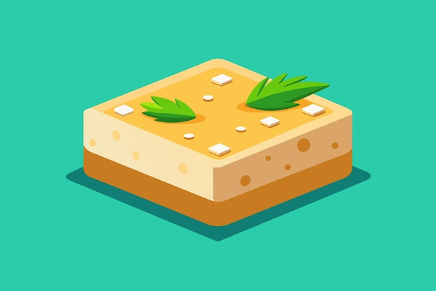 Vector un pedazo de queso cubierto de hojas verdes frescas tofu ilustración semi plana personalizable