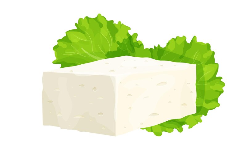 Vector pedazo de queso feta en estilo de dibujos animados ingrediente detallado aislado sobre fondo blanco.