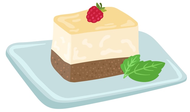Pedazo de tarta de queso con frambuesas y menta. Ilustración vectorial dibujada a mano.