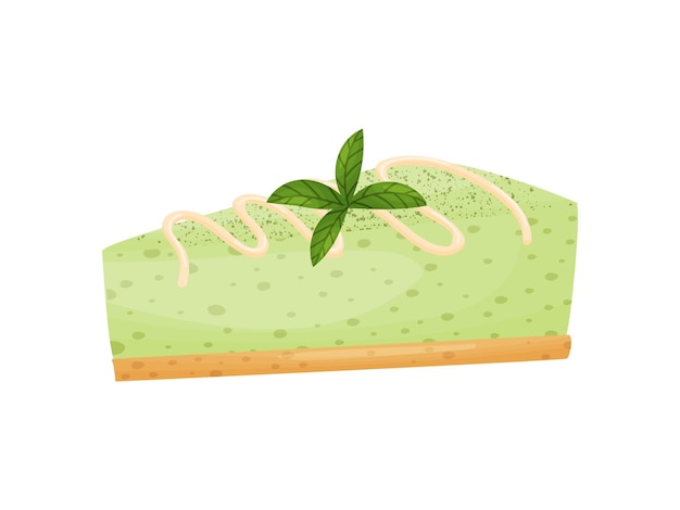 Vector pedazo de tarta de queso verde decorado con crema beige y hojas de menta ilustración vectorial sobre fondo blanco