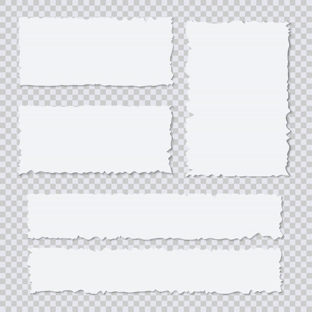 Pedazos de papel rasgados blancos en blanco sobre fondo transparente