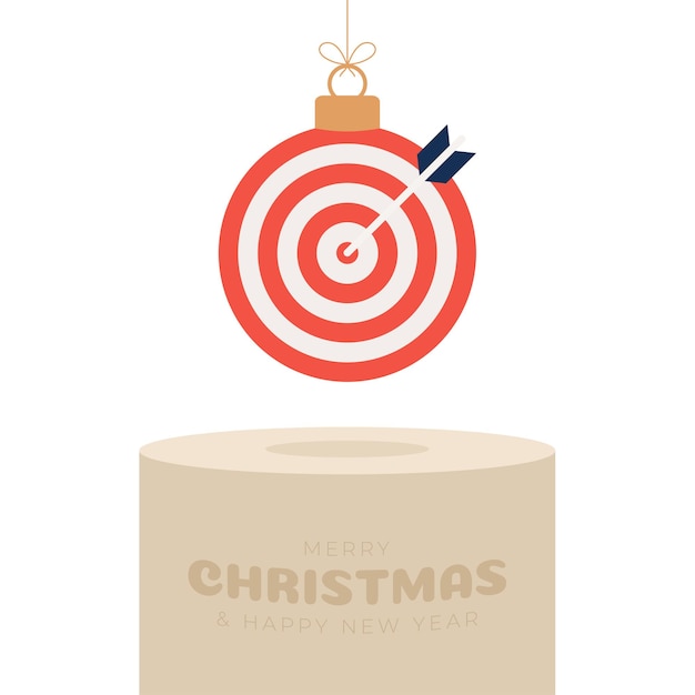 Vector pedestal de adorno navideño target dash. feliz navidad tarjeta de felicitación deportiva. cuelga de un hilo target dash como una bola de navidad en un podio dorado sobre fondo negro. ilustración de vector de deporte.