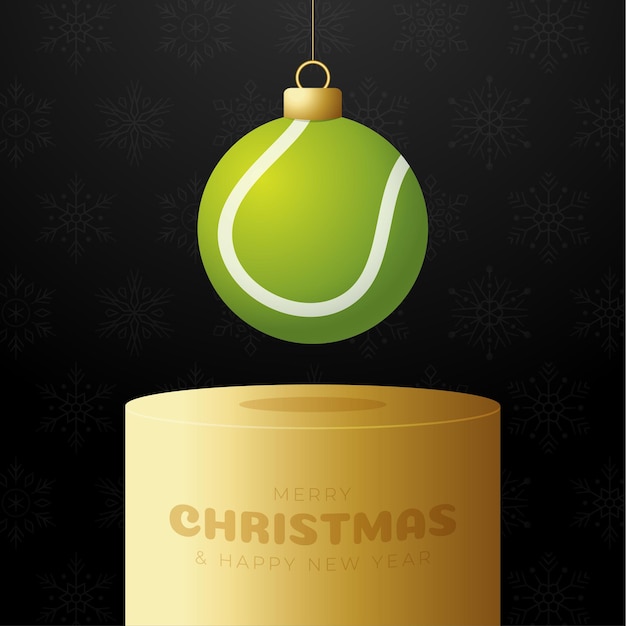 Pedestal de adorno navideño de tenis. feliz navidad tarjeta de felicitación deportiva. colgar de un hilo pelota de tenis como una pelota de navidad en el podio dorado sobre fondo negro. ilustración de vector de deporte.