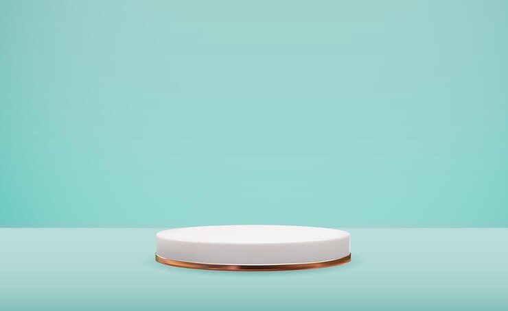 Vector pedestal blanco 3d realista sobre fondo natural azul pastel. pantalla de podio vacía de moda
