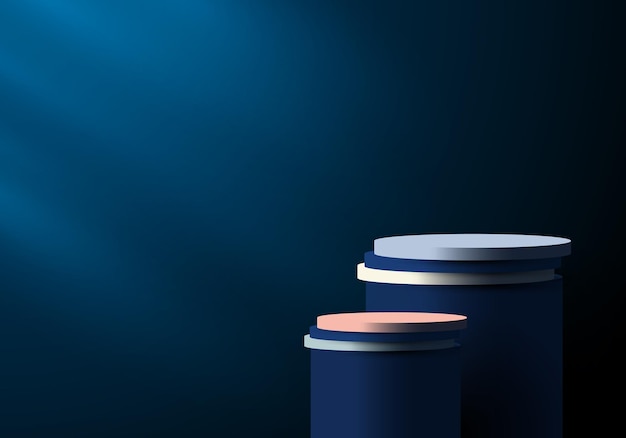 Pedestal de cilindro 3D azul y blanco en una habitación vacía azul oscuro con fondo de iluminación. Puede utilizar para presentación de exhibición de productos, cosmética, sala de estudio, etc. Ilustración vectorial