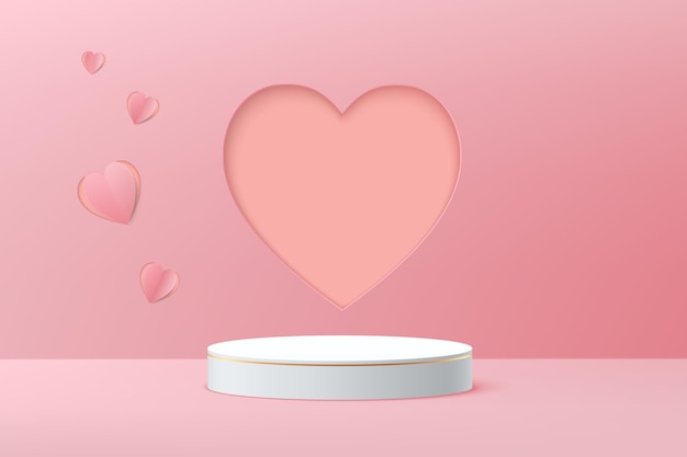 Pedestal de cilindro 3D de podio blanco realista con fondo de forma de corte de peper de corazón rosa Escena mínima de San Valentín para escaparate de productos Exhibición de promoción Diseño de plataforma de sala de estudio abstracto vectorial