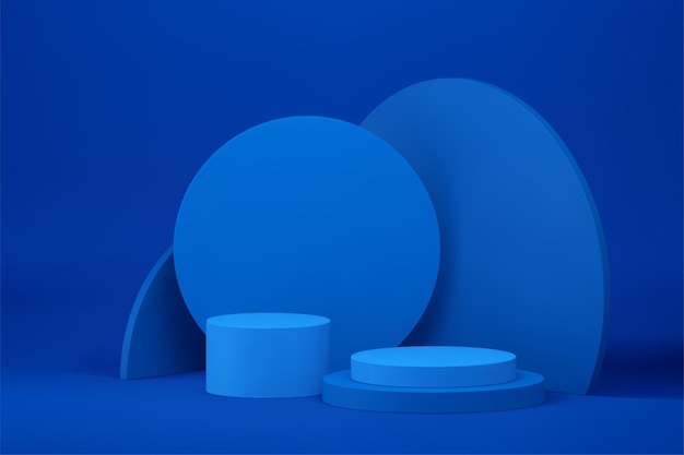 Pedestal de círculo de podio 3d azul con fondo de pared redonda para presentación de productos ilustración vectorial Interior de sala de exposición geométrica estética minimalista realista para espectáculos promocionales comerciales de compras