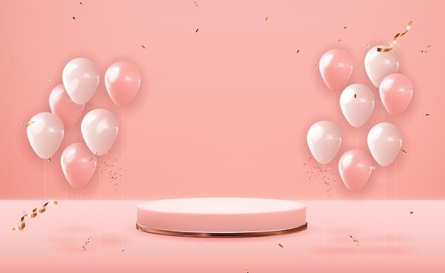 Pedestal de oro rosa con globos de fiesta. Pantalla de podio vacía de moda