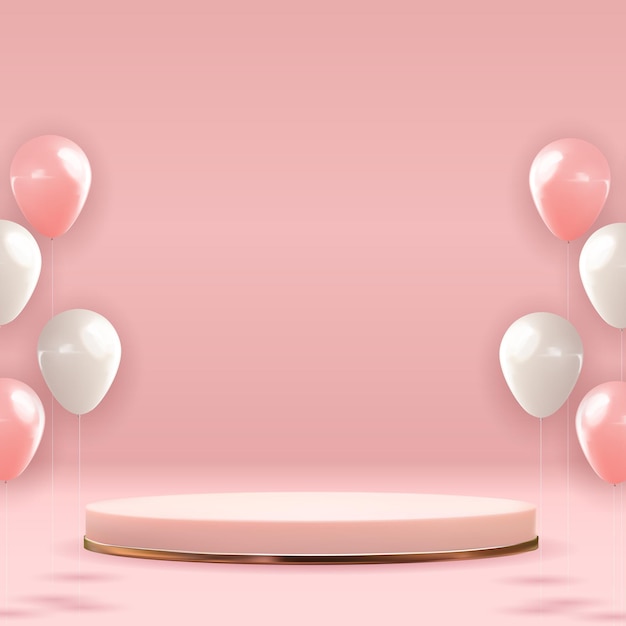 Pedestal de oro rosa sobre fondo natural rosa pastel con globos. Exhibición de podio vacío de moda para presentación de productos cosméticos, revista de moda. Copie la ilustración del vector espacial.