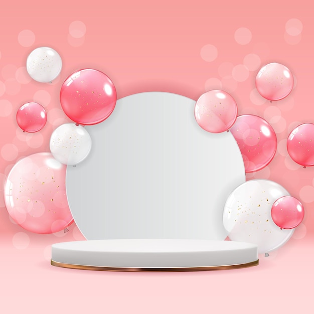 Pedestal de oro rosa sobre fondo natural rosa pastel con globos. Exhibición de podio vacío de moda para presentación de productos cosméticos, revista de moda. Copie la ilustración del vector espacial.