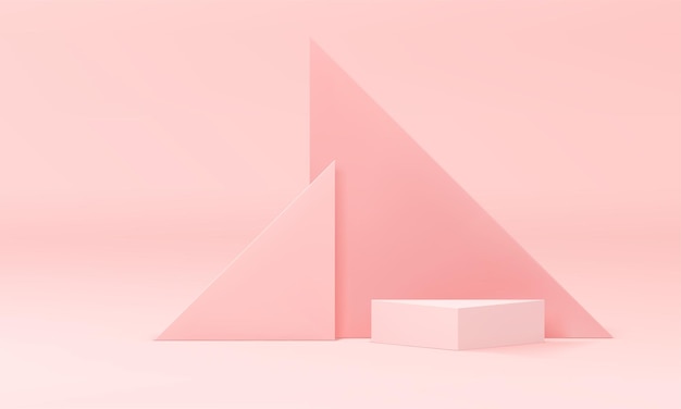 Pedestal de podio 3d rosa pastel con fondo de pared triangular maqueta para producto cosmético mostrar ilustración vectorial realista Representación de escenario interior geométrico neutral para promoción de banner de redes sociales