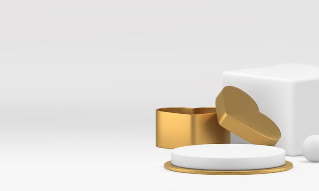 Pedestal de podio blanco en 3D con caja de regalo de corazón dorado fondo vectorial de presentación de productos de lujo