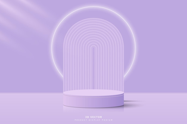 Pedestal de podio de cilindro 3D púrpura abstracto con forma de arco y fondo de anillo de neón brillante