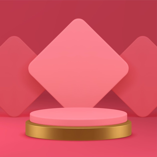 Pedestal de podio de lujo rosado en 3D con fondo de pared de rombo para presentación vectorial realista