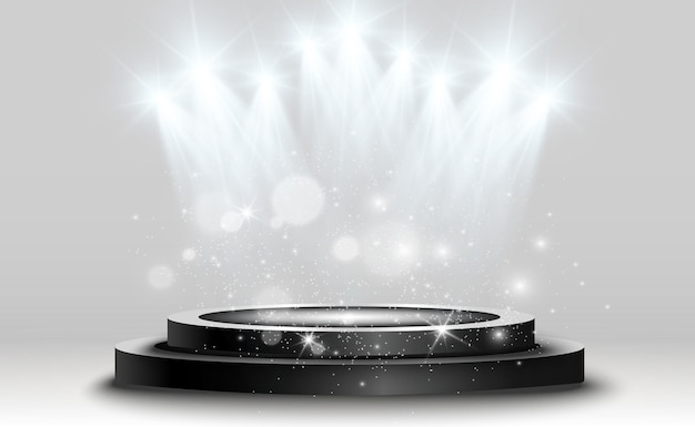 Pedestal de podio o plataforma iluminada por focos en el fondo Ilustración vectorial