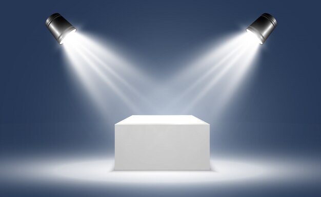 Pedestal para premiar a los ganadores. Podio blanco o plataforma con focos.