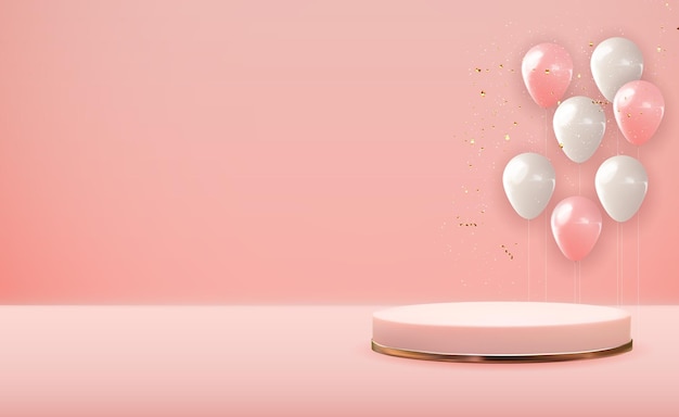 Pedestal realista de oro rosa 3d sobre rosa pastel con globos de fiesta