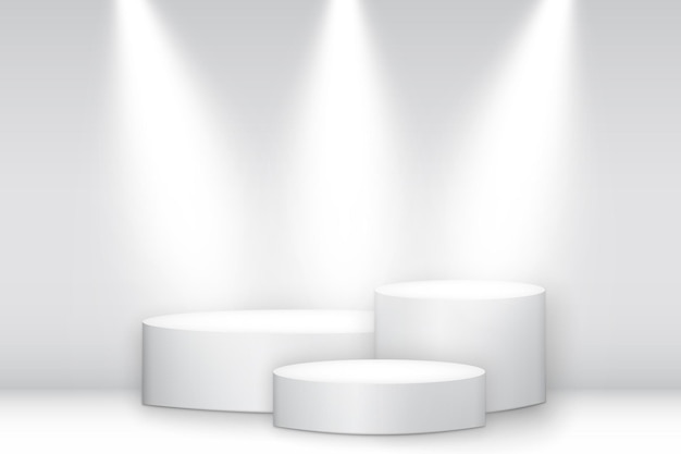 Pedestal redondo blanco iluminado. Podio de ganadores, plataforma con focos
