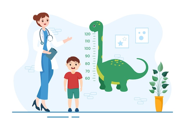 El pediatra examina a los niños y al bebé para el desarrollo y el tratamiento en la ilustración dibujada a mano de dibujos animados