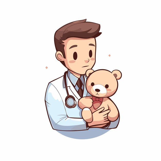 Pediatra con oso de peluche personaje de dibujos animados ilustración vectorial diseño gráfico