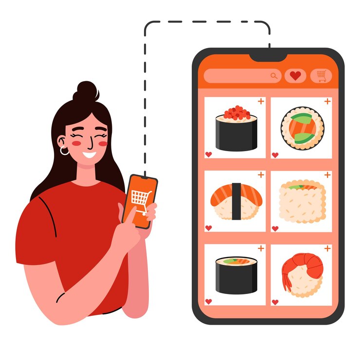 Vector pedido de comida asiática en línea. mujer joven usando la aplicación y eligiendo sushi. ilustración de vector plano en un whi