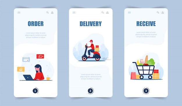 Pedido de comida en línea. Entrega de abarrotes. Aplicación móvil y página de destino. Una mujer compra en una tienda en línea. Mensajería rápida en el scooter. Cesta de la compra. Ilustración moderna en estilo de dibujos animados.