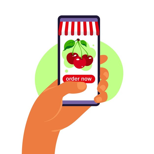 Pedido de comida en línea. Entrega de comestibles. Mano que sostiene el teléfono inteligente con catálogo de productos