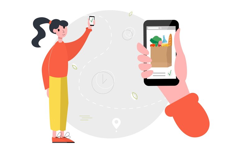 Vector pedido de comida en línea entrega de productos mujer moderna de compras en una tienda en línea ilustración vectorial
