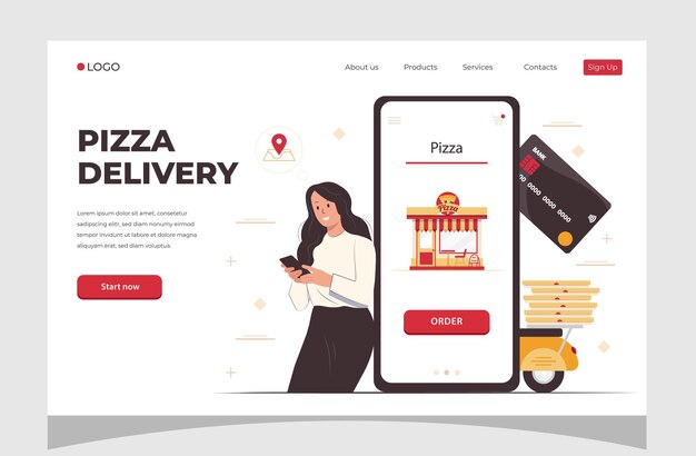 Pedido de comida en línea por teléfono inteligente Entrega de pizza Concepto de entrega de comida para la página de aterrizaje