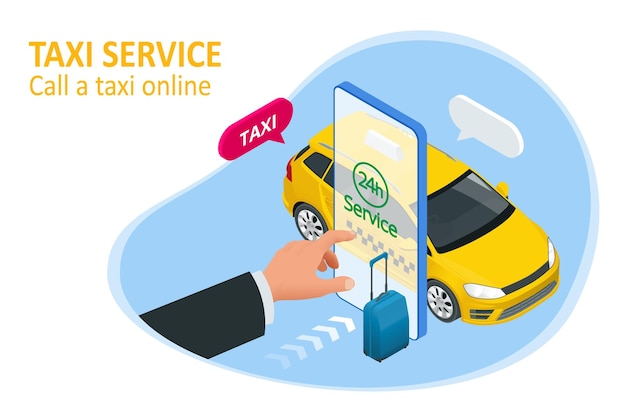 Pedido isométrico Taxi en línea y Llamar a un concepto de aplicación móvil en línea de taxi para la página de inicio Estacionamiento de tráfico en la calle Transporte urbano Pasadores de puntos de ruta GPS en teléfonos inteligentes y pantallas táctiles