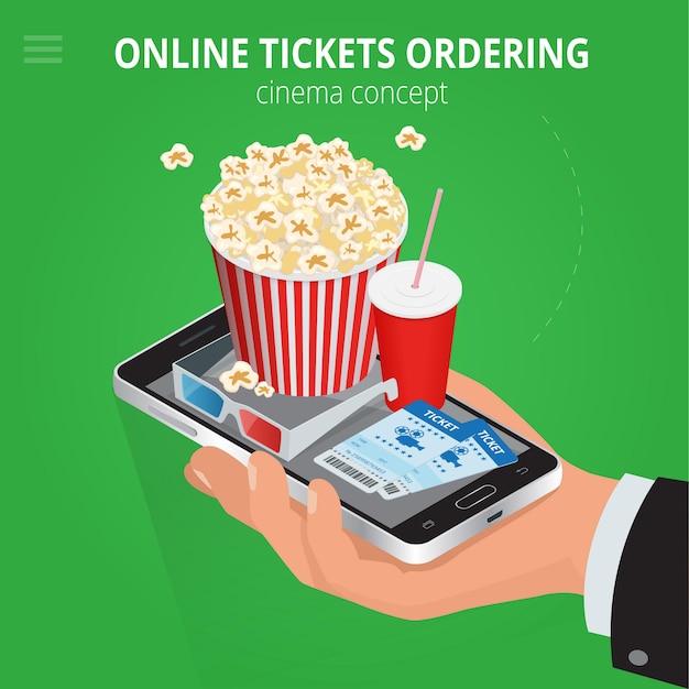 Pedido en línea de comida y boletos de cine Ilustración de vector isométrica plana 3d