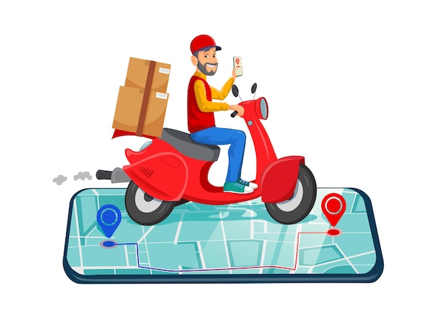 Pedido en línea y entrega por concepto de scooter con cajas y localizador de mapas junto con un sitio web de compras en línea en un teléfono móvil