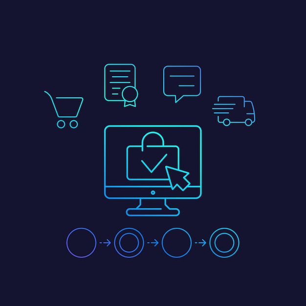 Pedido en línea, iconos lineales de comercio electrónico, vector