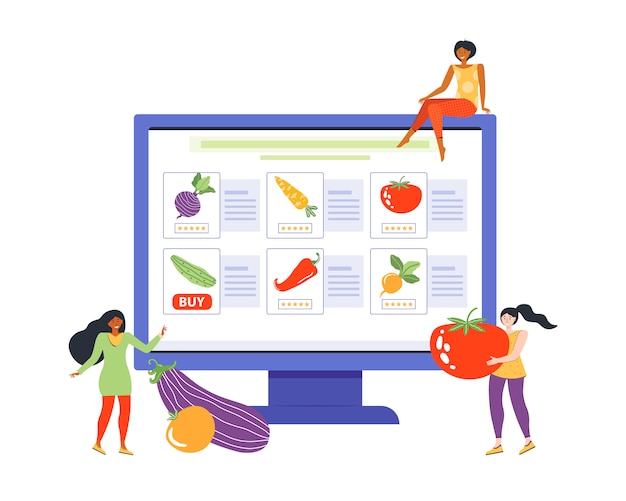 Vector pedido en línea de verduras frescas en el sitio web de la tienda de comestibles. los personajes femeninos están comprando a través de la web. venta en un supermercado en línea. las mujeres compran productos para dietas y alimentación saludable. vector plano