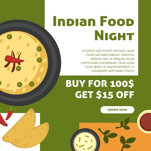 Vector pedido nocturno de comida india en línea en la página del sitio web