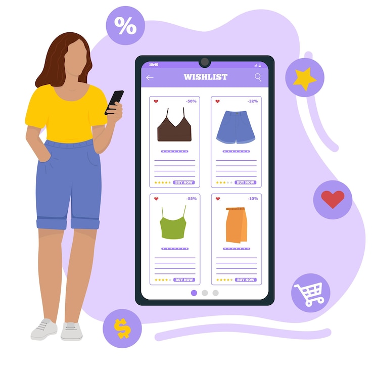 Vector pedido online de ropa. chica pide ropa online
