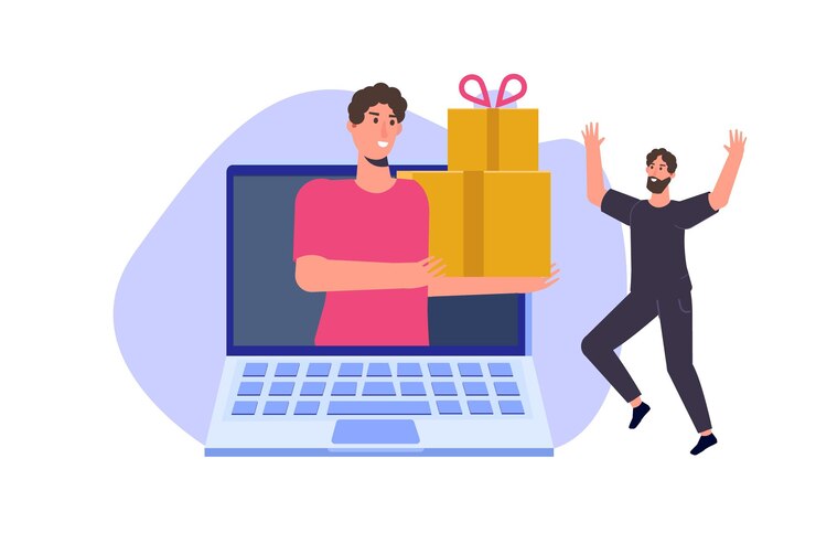 Vector pedido de regalo en línea, compras en línea, concepto de comercio electrónico. la gente compra regalos. ilustración vectorial