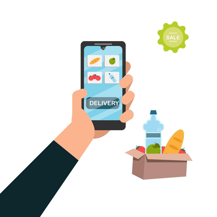 Vector pedido de servicio de entrega de compras de comestibles en línea de alimentos
