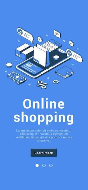Pedido de tienda digital de compras en línea compra de pago sin contacto con tarjeta de crédito banner móvil ilustración vectorial isométrica. Elegir productos aplicación de teléfono inteligente sitio web comercial de redes sociales
