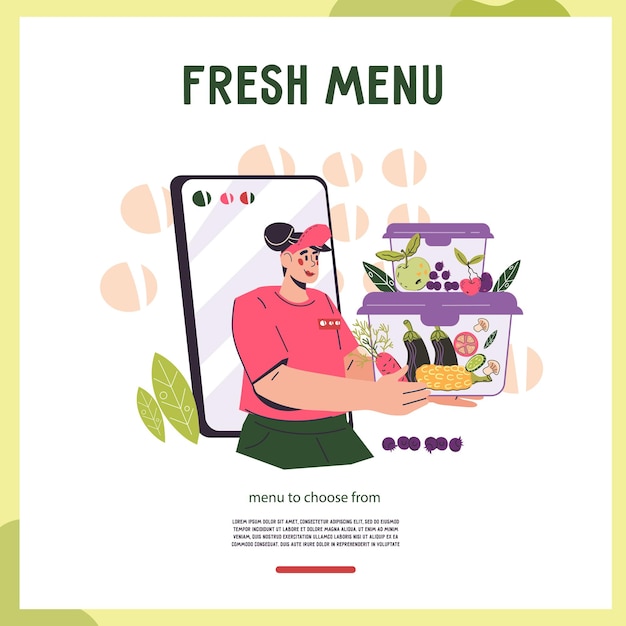 Pedidos de comida en línea y banner de restaurante para llevar o plantilla de folleto ilustración de vector plano Diseño de banner de comidas preparadas de entrega rápida