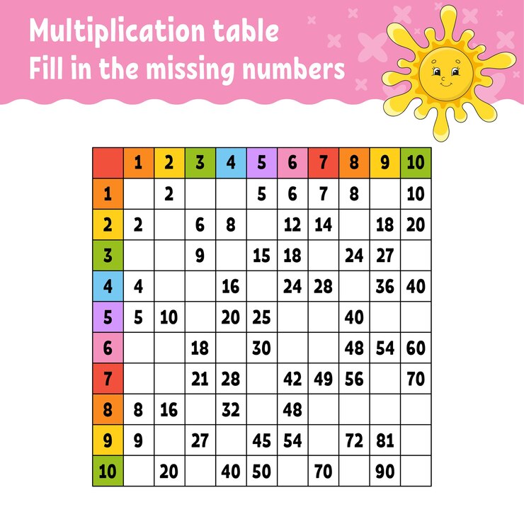 Vector pega los números que faltan. aprender la tabla de multiplicar.