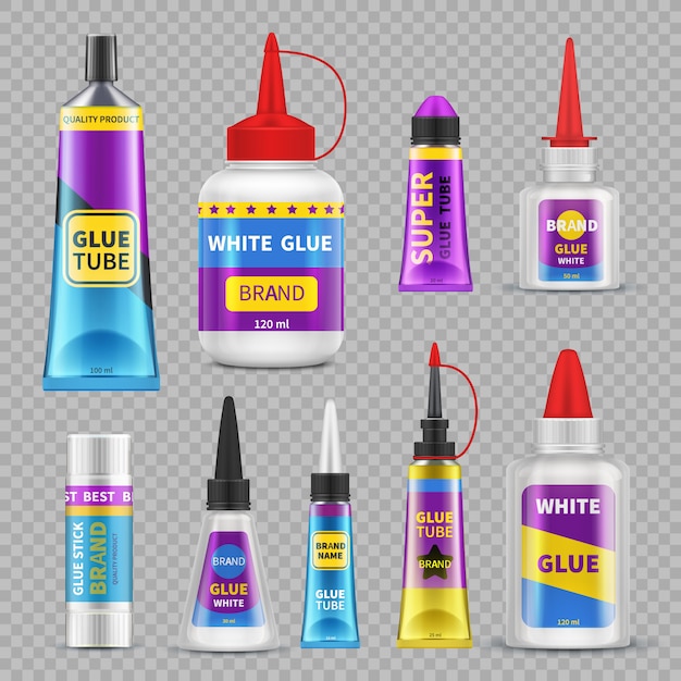 Pegante de barra. Tubos y botellas de adhesivo súper adhesivo. Conjunto realista vector aislado