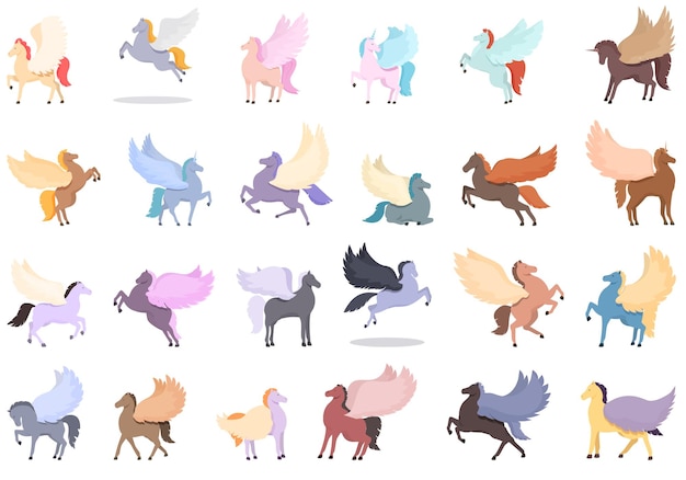 Pegasus iconos conjunto vector de dibujos animados griego antiguo