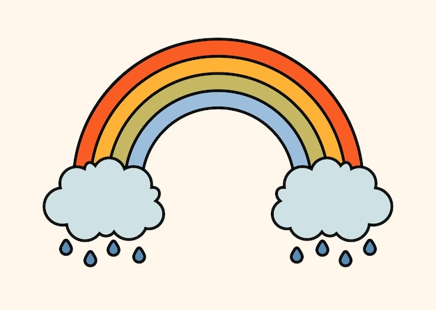 Pegatina de arco iris retro hippie Nubes con símbolo de arco iris de sueños imaginación y fantasía Etiqueta para libro y diario Afiche o pancarta Ilustración de vector plano de dibujos animados aislado sobre fondo beige