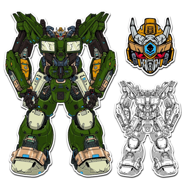 Vector pegatina cabeza mecha robot cuerpo pierna arma ilustración vector premium